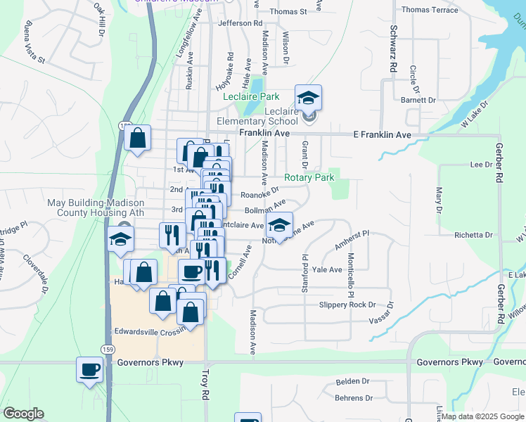 map of restaurants, bars, coffee shops, grocery stores, and more near 515 Bollman Avenue in Edwardsville