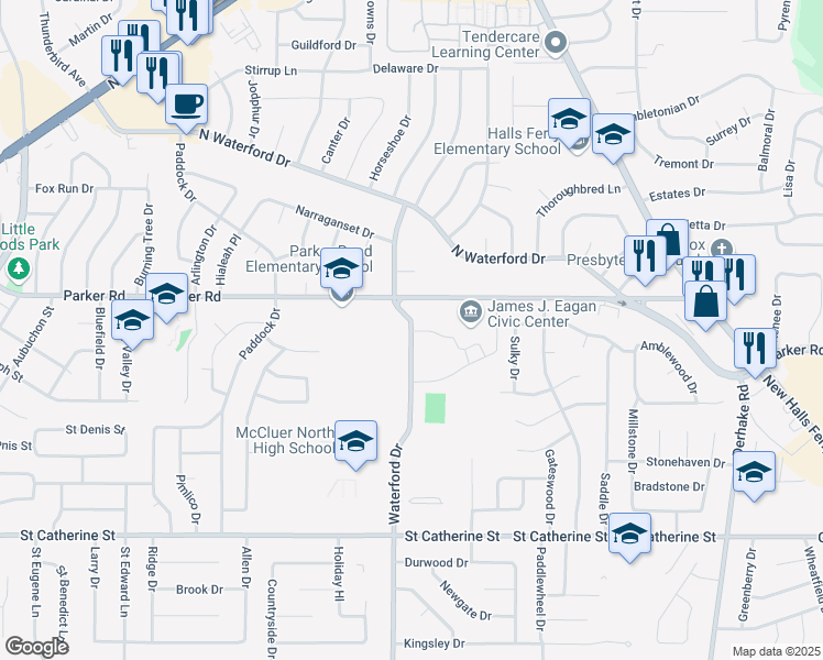 map of restaurants, bars, coffee shops, grocery stores, and more near 1005 Waterford Drive in Florissant