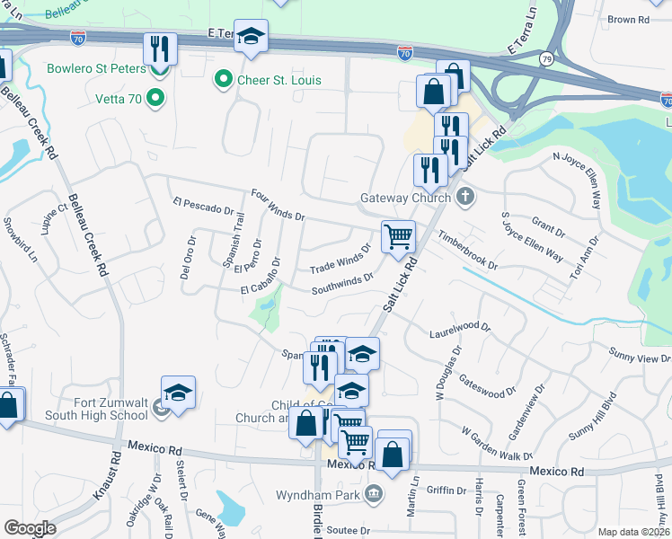 map of restaurants, bars, coffee shops, grocery stores, and more near 23 Trade Winds Drive in St. Peters