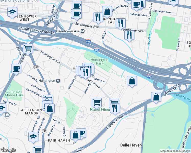 map of restaurants, bars, coffee shops, grocery stores, and more near 2218 Farrington Avenue in Alexandria
