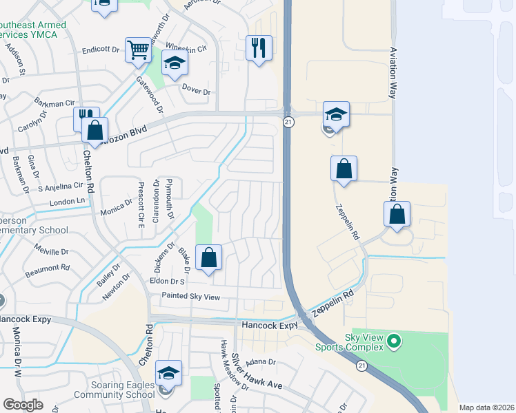 map of restaurants, bars, coffee shops, grocery stores, and more near 2578 Swale Run in Colorado Springs