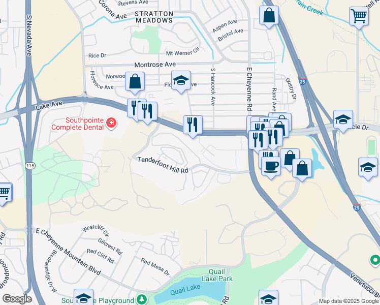 map of restaurants, bars, coffee shops, grocery stores, and more near 1160 Lake Plaza Drive in Colorado Springs