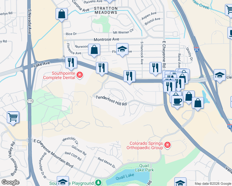 map of restaurants, bars, coffee shops, grocery stores, and more near 2795 Reeve Circle in Colorado Springs
