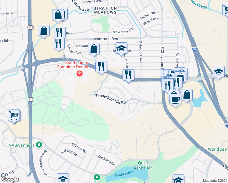map of restaurants, bars, coffee shops, grocery stores, and more near 840 Tenderfoot Hill Road in Colorado Springs