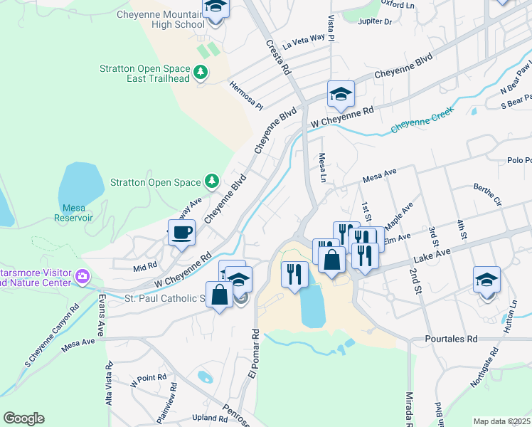 map of restaurants, bars, coffee shops, grocery stores, and more near 3 Stratton Avenue in Colorado Springs