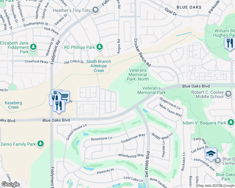 map of restaurants, bars, coffee shops, grocery stores, and more near 1864 Ellesmere Loop in Roseville