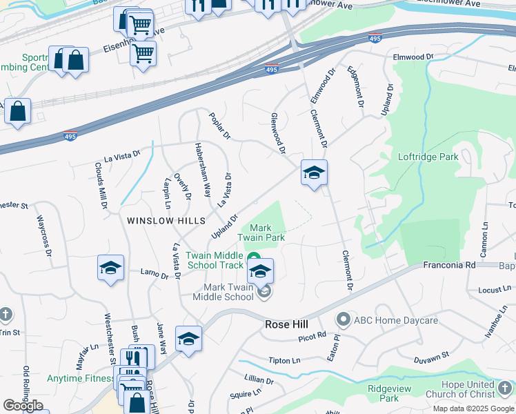 map of restaurants, bars, coffee shops, grocery stores, and more near 4703 Upland Drive in Alexandria
