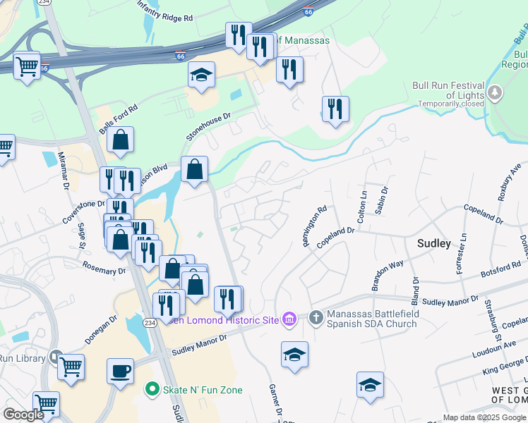 map of restaurants, bars, coffee shops, grocery stores, and more near 7488 Emerald Drive in Manassas