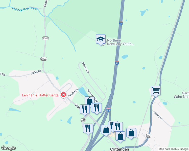 map of restaurants, bars, coffee shops, grocery stores, and more near 200 Milo Court in Crittenden