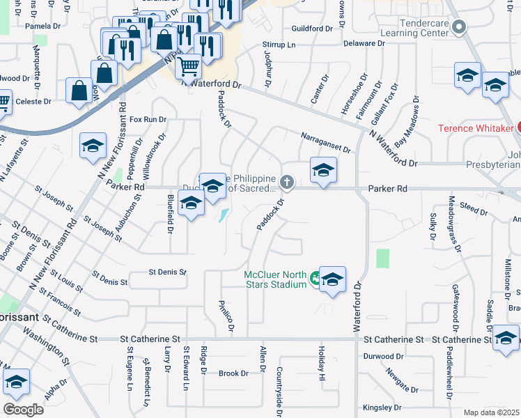 map of restaurants, bars, coffee shops, grocery stores, and more near 2480 Churchill Downs in Florissant