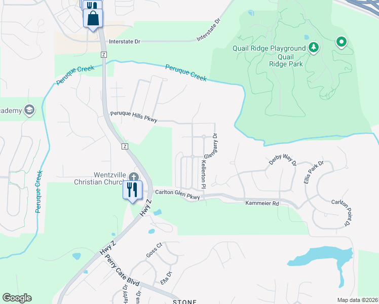 map of restaurants, bars, coffee shops, grocery stores, and more near 3001 Village Glen Drive in Wentzville