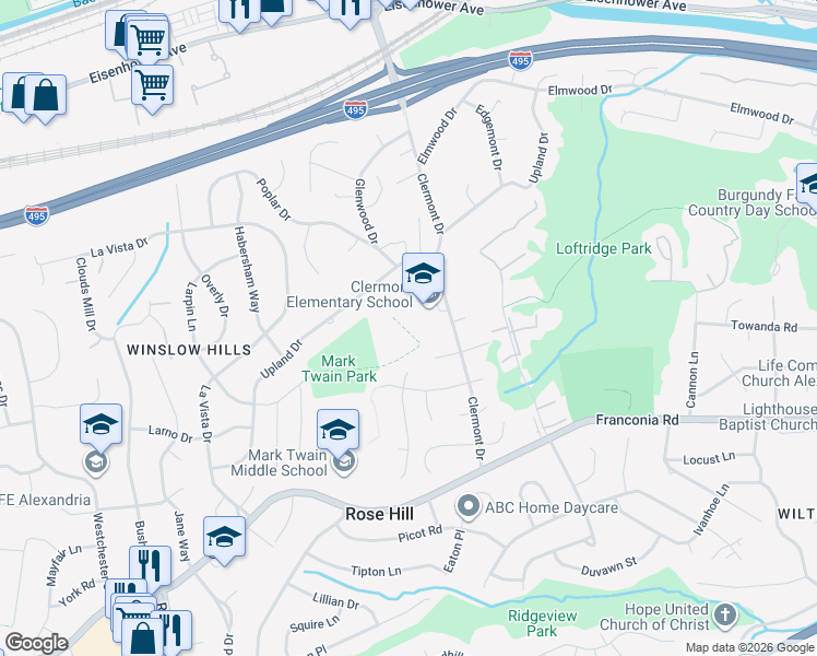 map of restaurants, bars, coffee shops, grocery stores, and more near 5720 Clermont Drive in Alexandria