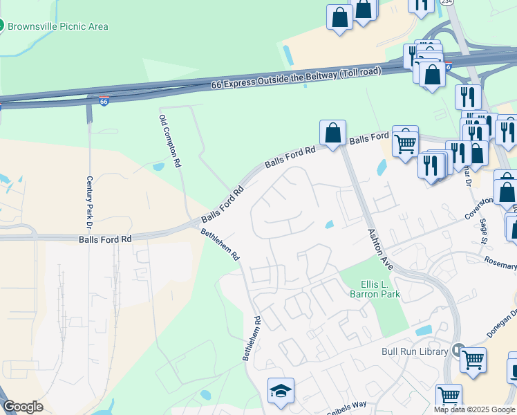 map of restaurants, bars, coffee shops, grocery stores, and more near 11218 Wheeler Ridge Drive in Manassas