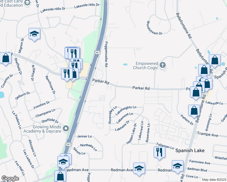 map of restaurants, bars, coffee shops, grocery stores, and more near 12091 Rosemist Drive in St. Louis