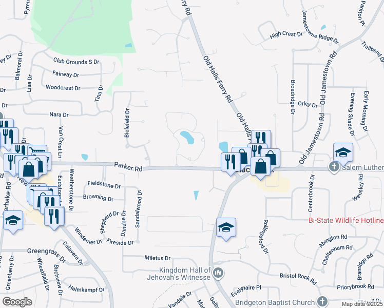 map of restaurants, bars, coffee shops, grocery stores, and more near 4505 Parker Road in Florissant