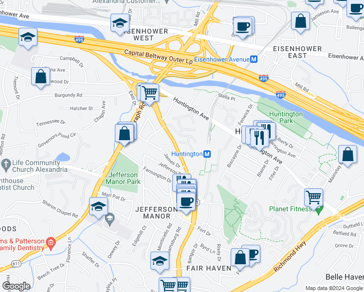 map of restaurants, bars, coffee shops, grocery stores, and more near 2631 Wagon Drive in Alexandria