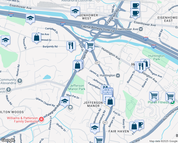 map of restaurants, bars, coffee shops, grocery stores, and more near 2809 James Drive in Alexandria