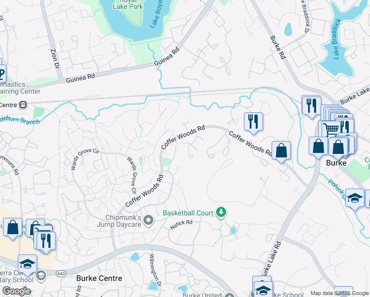 map of restaurants, bars, coffee shops, grocery stores, and more near 5800 High Bluff Court in Burke