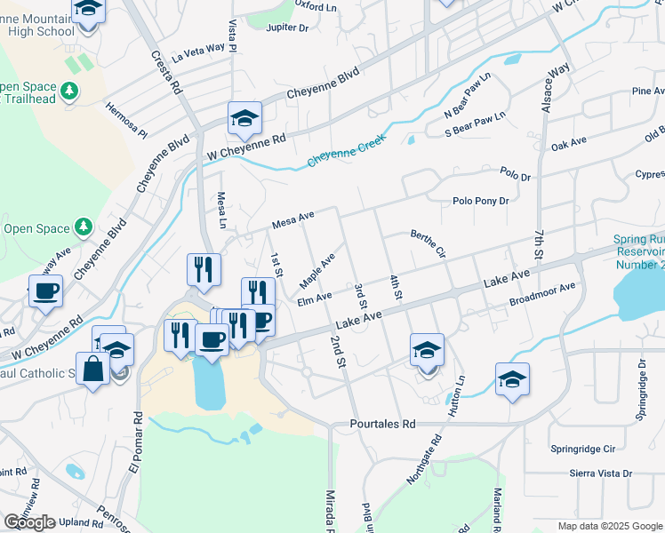 map of restaurants, bars, coffee shops, grocery stores, and more near 25 Maple Avenue in Colorado Springs