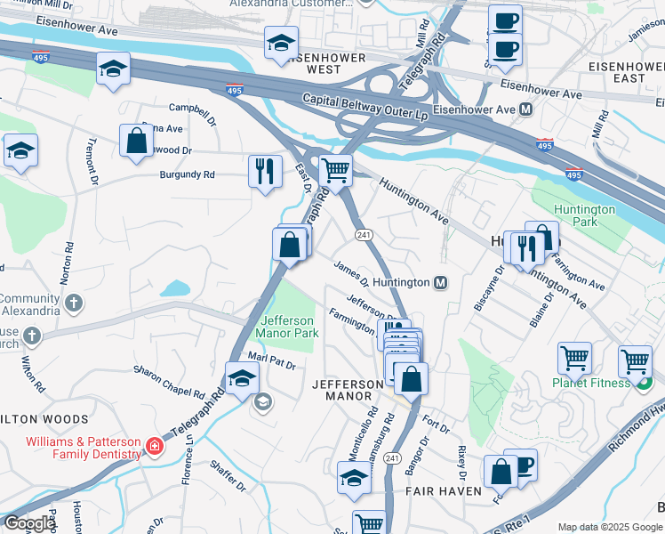 map of restaurants, bars, coffee shops, grocery stores, and more near 2809 James Drive in Alexandria