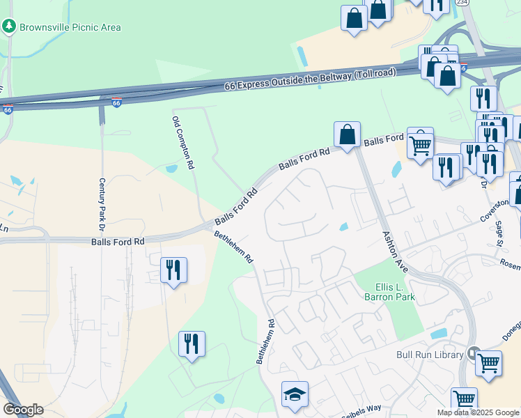 map of restaurants, bars, coffee shops, grocery stores, and more near 11209 Wheeler Ridge Drive in Manassas