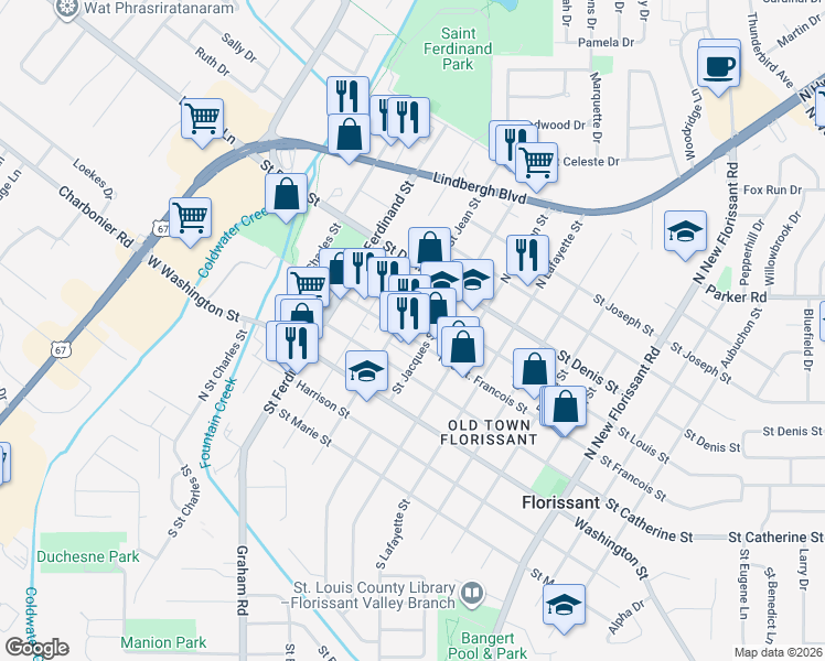 map of restaurants, bars, coffee shops, grocery stores, and more near 411 Rue Saint Francois in Florissant