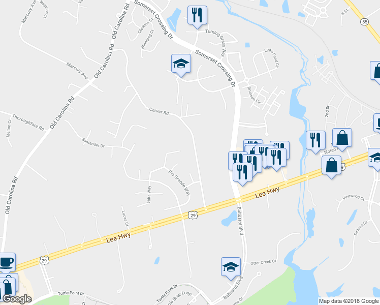 map of restaurants, bars, coffee shops, grocery stores, and more near 7436 Carver Road in Gainesville