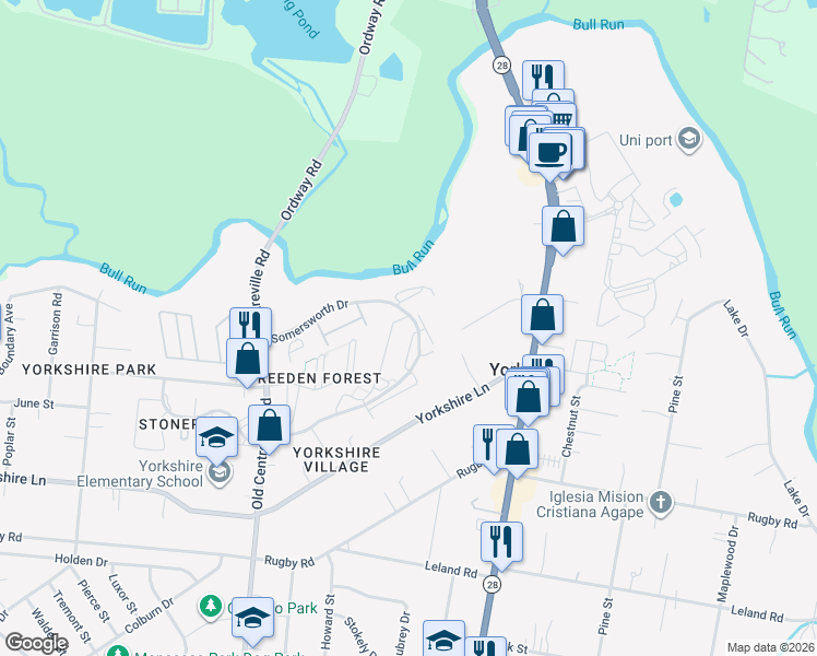 map of restaurants, bars, coffee shops, grocery stores, and more near 7566 Thurston Lane in Manassas