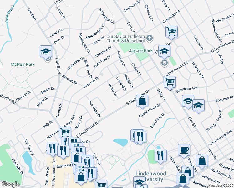 map of restaurants, bars, coffee shops, grocery stores, and more near 2510 Nettie Drive in Saint Charles