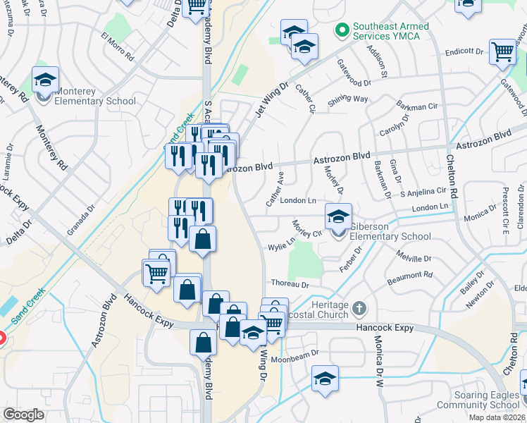 map of restaurants, bars, coffee shops, grocery stores, and more near 3980 Morley Dr in Colorado Springs