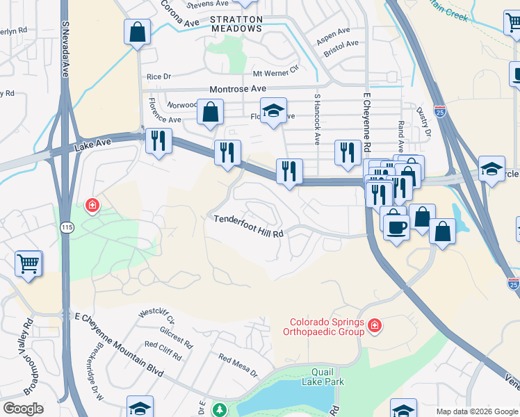 map of restaurants, bars, coffee shops, grocery stores, and more near 2795 Reeve Circle in Colorado Springs