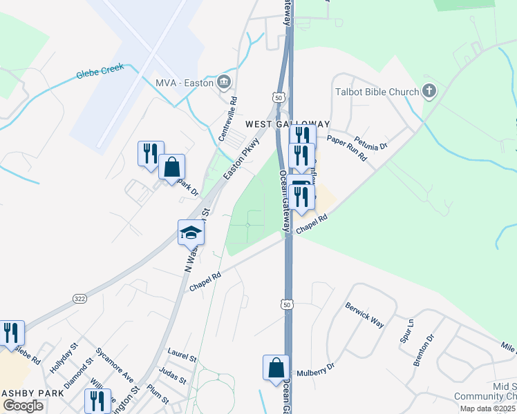 map of restaurants, bars, coffee shops, grocery stores, and more near 1078 North Washington Street in Easton