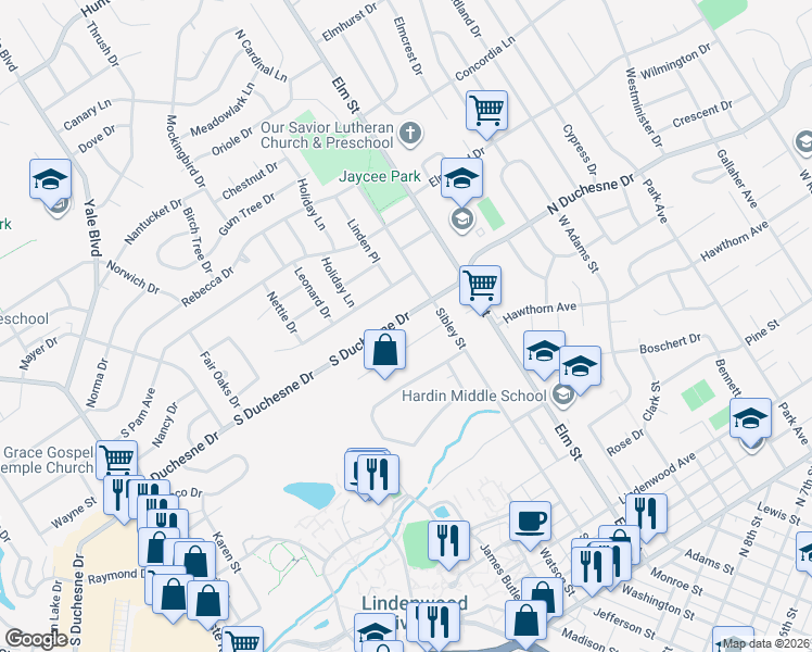 map of restaurants, bars, coffee shops, grocery stores, and more near 108 South Duchesne Drive in Saint Charles