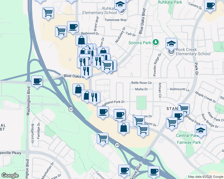 map of restaurants, bars, coffee shops, grocery stores, and more near 8516 Cortina Circle in Roseville