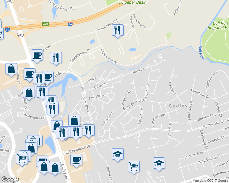 map of restaurants, bars, coffee shops, grocery stores, and more near 7309 Rokeby Drive in Manassas