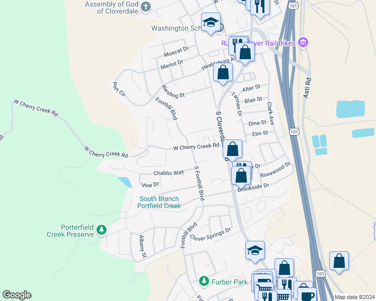 map of restaurants, bars, coffee shops, grocery stores, and more near 155 West Cherry Creek Road in Cloverdale
