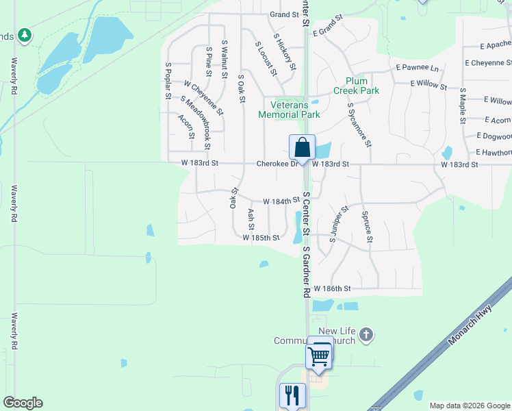 map of restaurants, bars, coffee shops, grocery stores, and more near 18401 Ash Street in Gardner