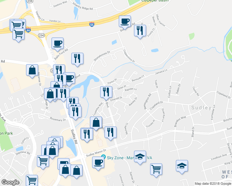 map of restaurants, bars, coffee shops, grocery stores, and more near 10484 Stonington Lane in Manassas