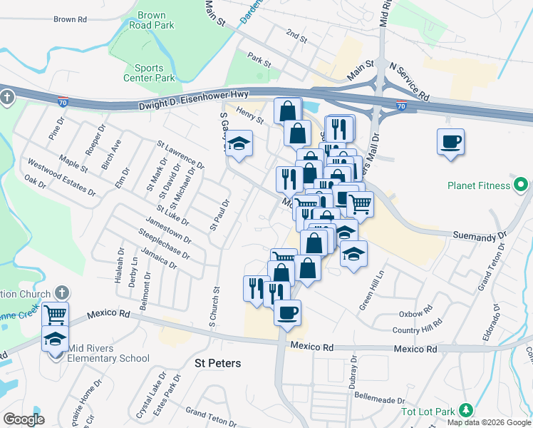 map of restaurants, bars, coffee shops, grocery stores, and more near 303 Crown Colony Court in St. Peters