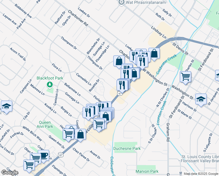 map of restaurants, bars, coffee shops, grocery stores, and more near 664 Materdie Lane in Florissant