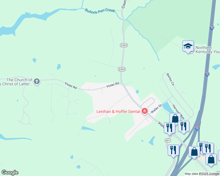 map of restaurants, bars, coffee shops, grocery stores, and more near 1110 Violet Road in Crittenden