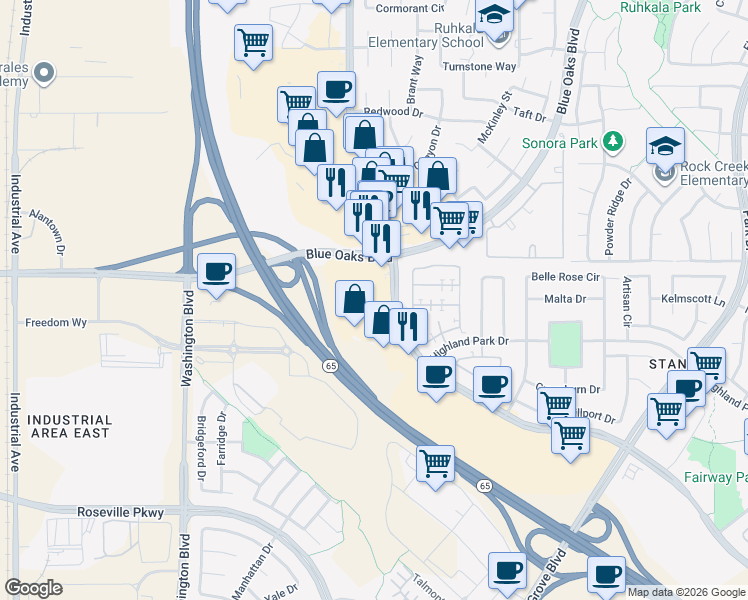 map of restaurants, bars, coffee shops, grocery stores, and more near 10551 Fairway Drive in Roseville