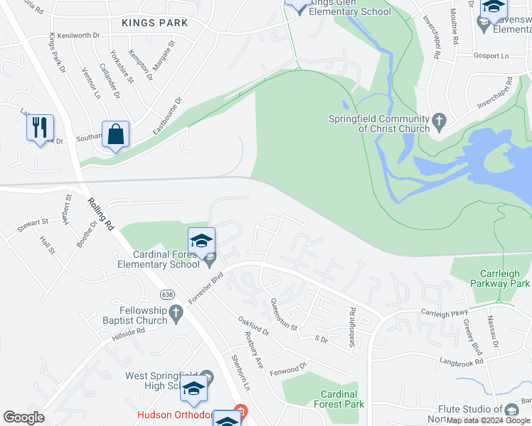 map of restaurants, bars, coffee shops, grocery stores, and more near 5801J Rexford Drive in Springfield