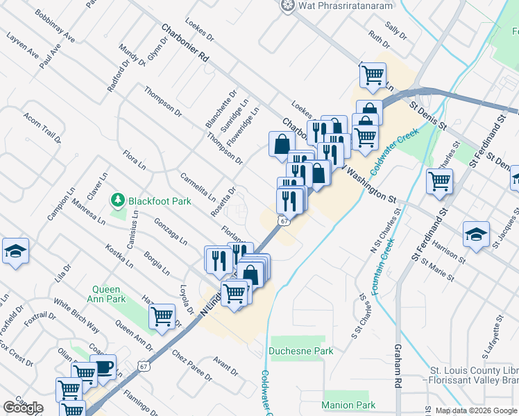 map of restaurants, bars, coffee shops, grocery stores, and more near 664 Materdie Lane in Florissant