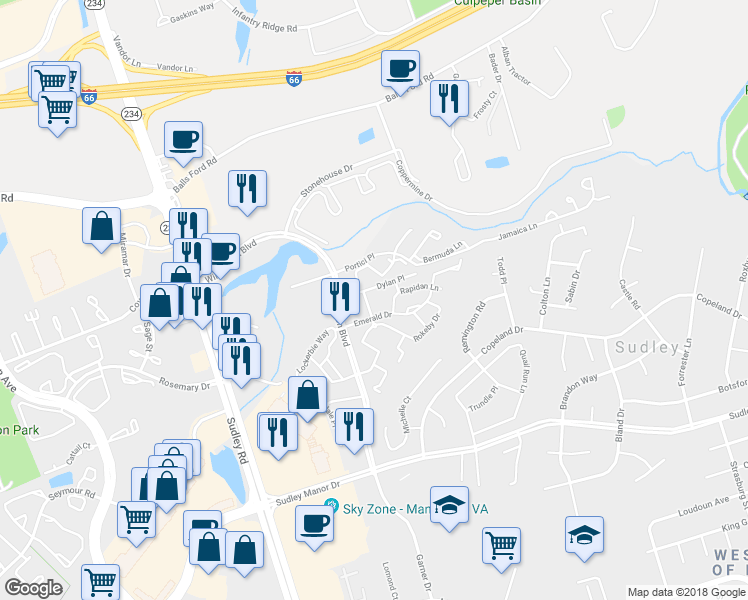 map of restaurants, bars, coffee shops, grocery stores, and more near 10496 Stonington Lane in Manassas