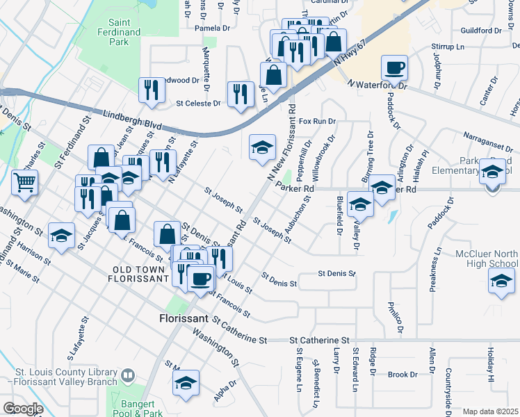 map of restaurants, bars, coffee shops, grocery stores, and more near 1060 North New Florissant Road in Florissant