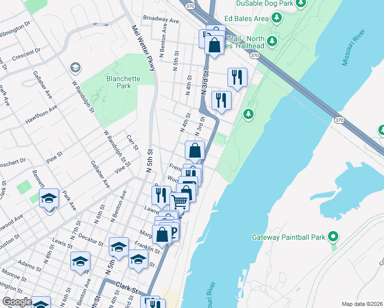 map of restaurants, bars, coffee shops, grocery stores, and more near 1612 North 3rd Street in Saint Charles