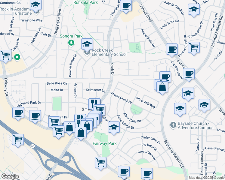 map of restaurants, bars, coffee shops, grocery stores, and more near 6941 Cherry Ridge Circle in Roseville