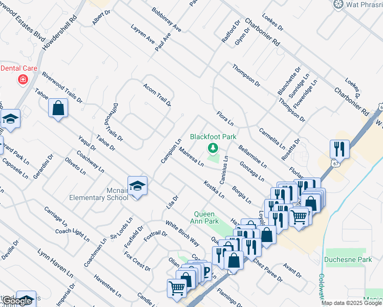 map of restaurants, bars, coffee shops, grocery stores, and more near 1135 Manresa Lane in Florissant