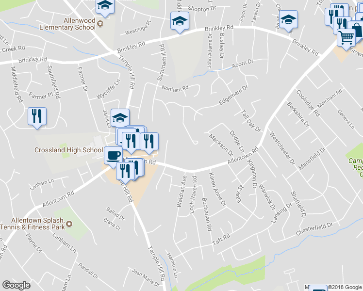 map of restaurants, bars, coffee shops, grocery stores, and more near 7023 Allentown Road in Temple Hills